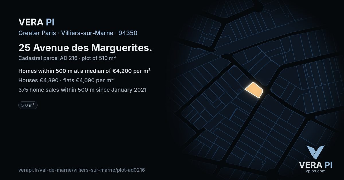 25 Avenue des Marguerites, Villiers-sur-Marne at night – the plot lit, the parcels around coloured by the prices near them