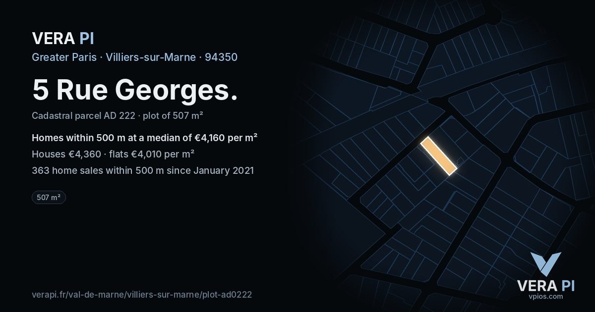 5 Rue Georges, Villiers-sur-Marne at night – the plot lit, the parcels around coloured by the prices near them