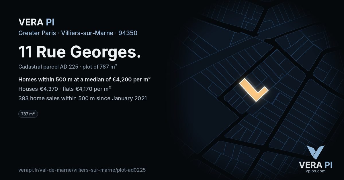 11 Rue Georges, Villiers-sur-Marne at night – the plot lit, the parcels around coloured by the prices near them