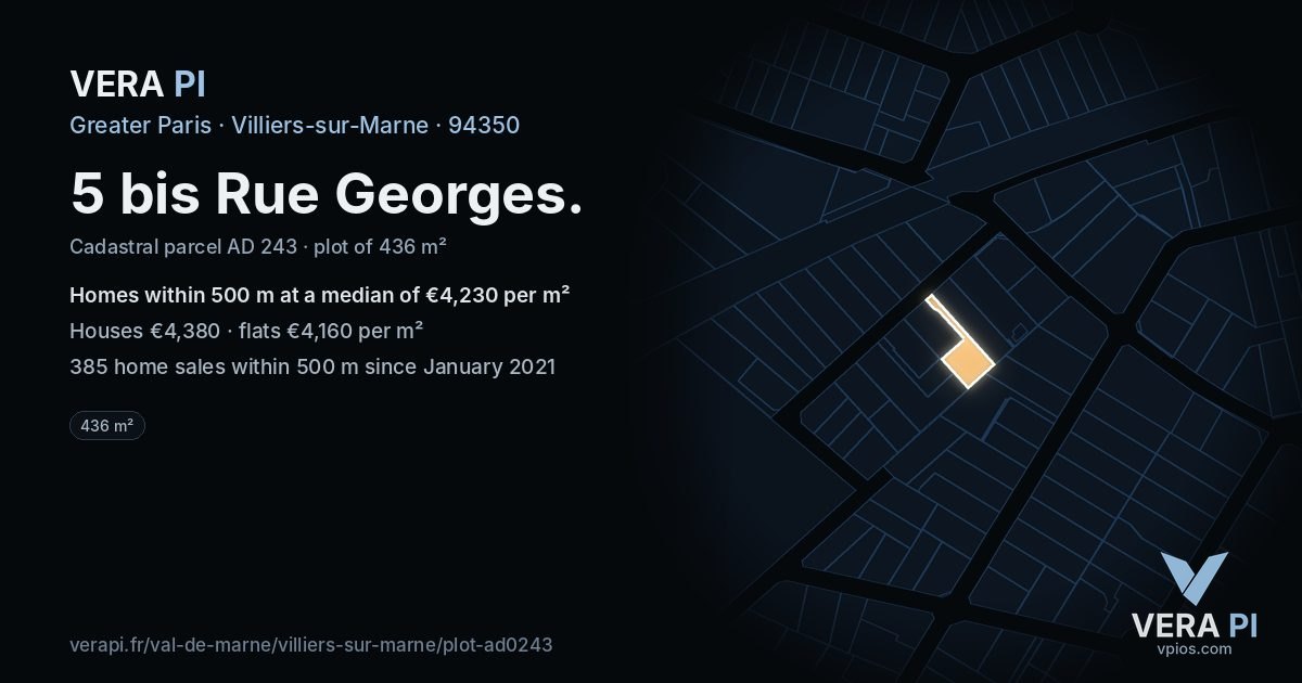 5 bis Rue Georges, Villiers-sur-Marne at night – the plot lit, the parcels around coloured by the prices near them