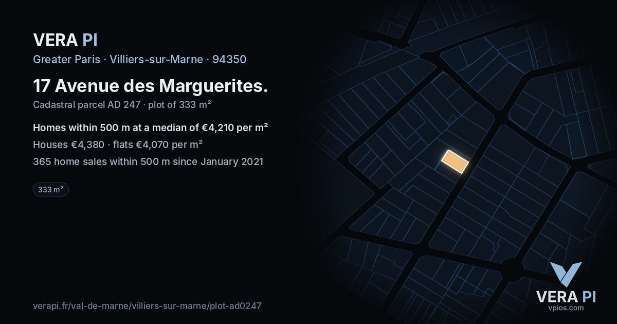 17 Avenue des Marguerites, Villiers-sur-Marne at night – the plot lit, the parcels around coloured by the prices near them
