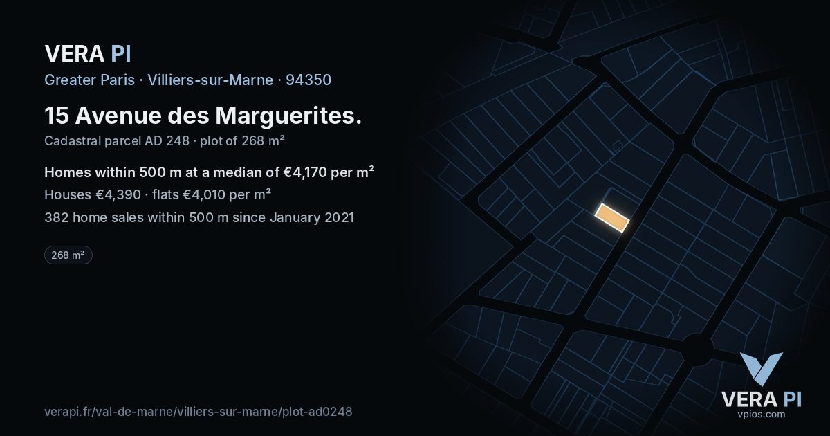 15 Avenue des Marguerites, Villiers-sur-Marne at night – the plot lit, the parcels around coloured by the prices near them