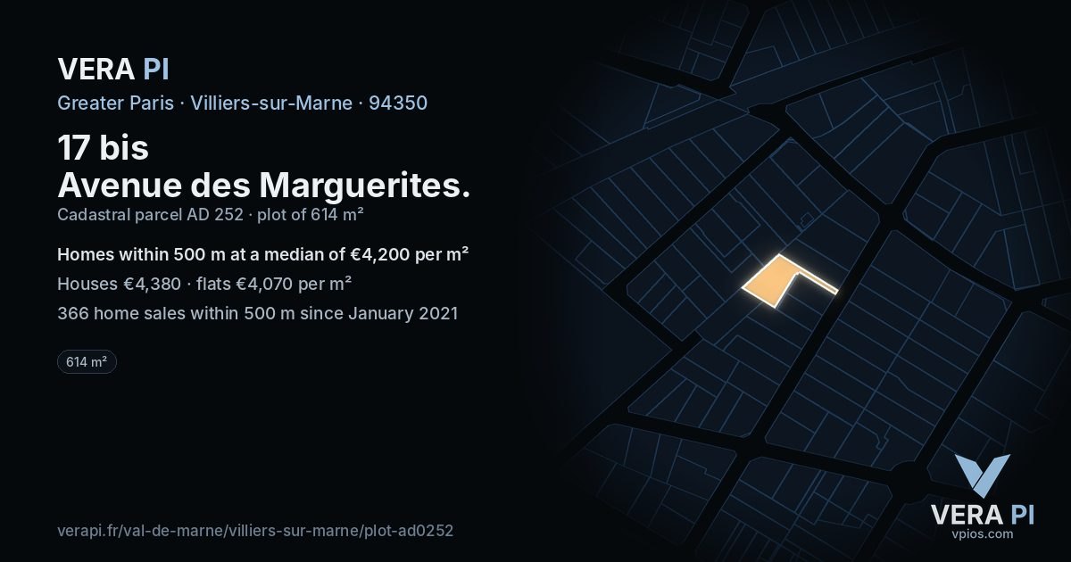 17 bis Avenue des Marguerites, Villiers-sur-Marne at night – the plot lit, the parcels around coloured by the prices near them