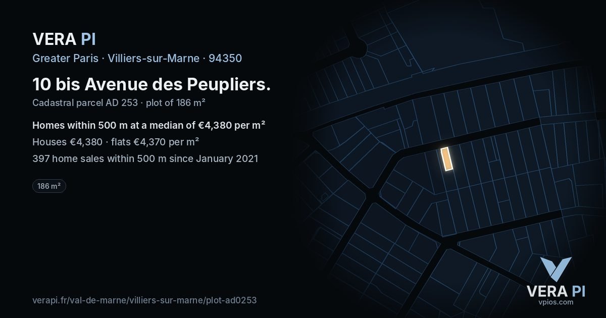 10 bis Avenue des Peupliers, Villiers-sur-Marne at night – the plot lit, the parcels around coloured by the prices near them