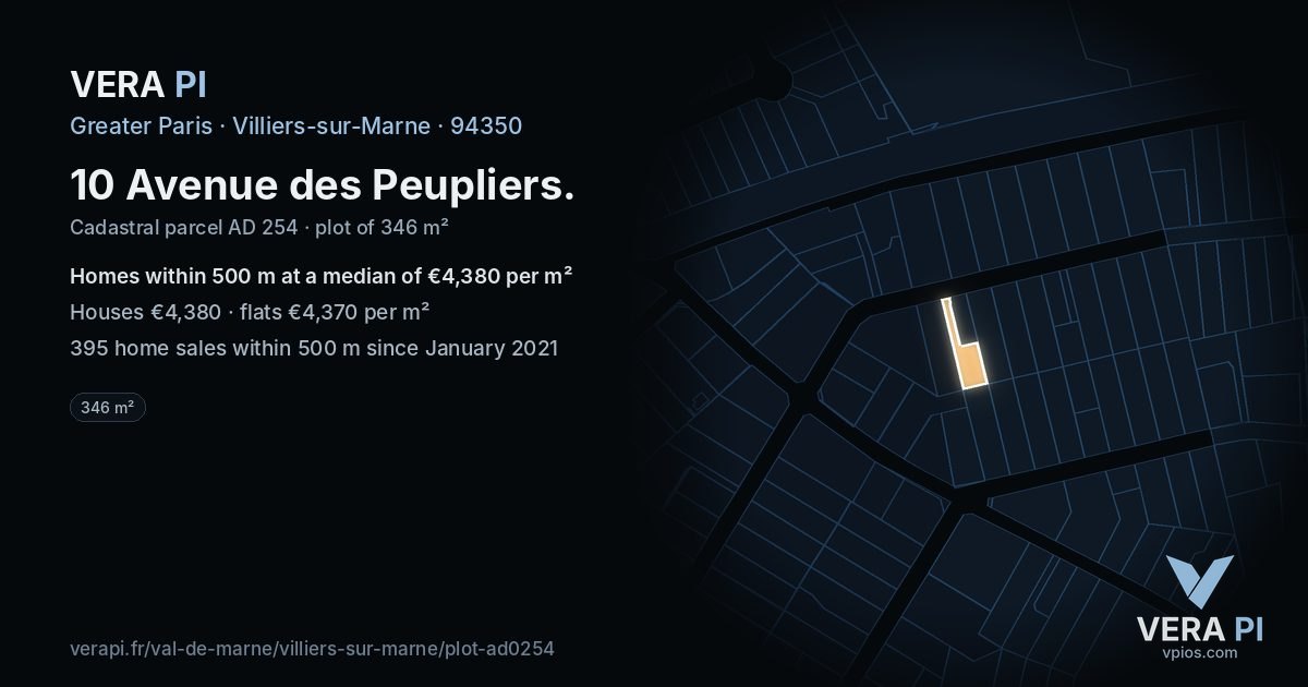 10 Avenue des Peupliers, Villiers-sur-Marne at night – the plot lit, the parcels around coloured by the prices near them
