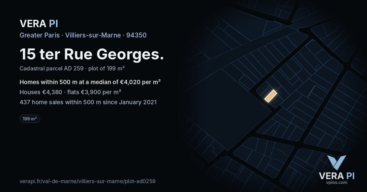 15 ter Rue Georges, Villiers-sur-Marne at night – the plot lit, the parcels around coloured by the prices near them