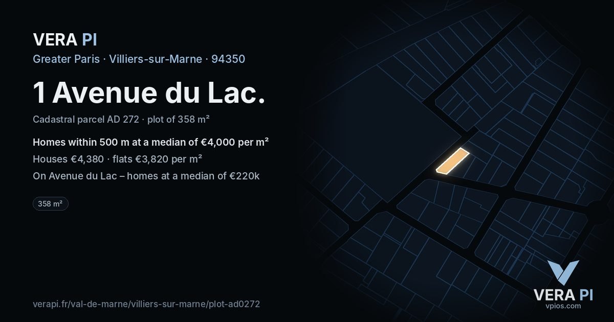 1 Avenue du Lac, Villiers-sur-Marne at night – the plot lit, the parcels around coloured by the prices near them