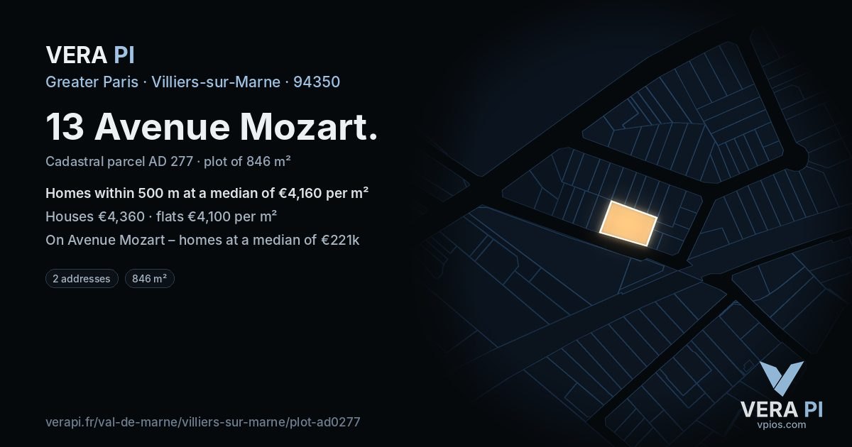 13 Avenue Mozart, Villiers-sur-Marne at night – the plot lit, the parcels around coloured by the prices near them