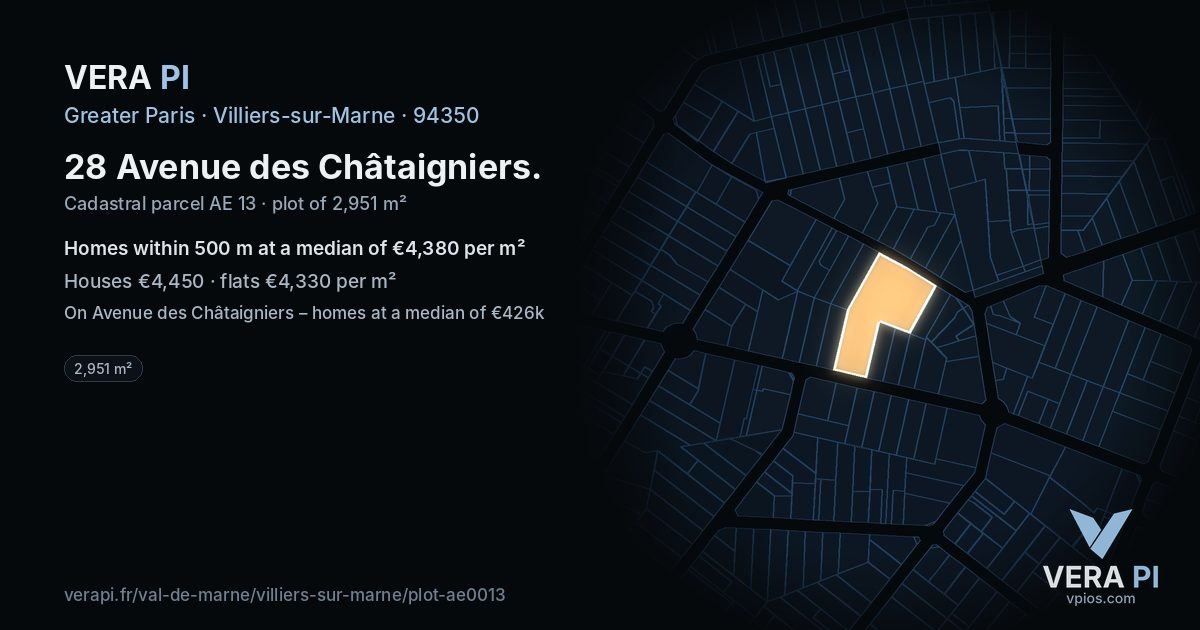 28 Avenue des Châtaigniers, Villiers-sur-Marne at night – the plot lit, the parcels around coloured by the prices near them