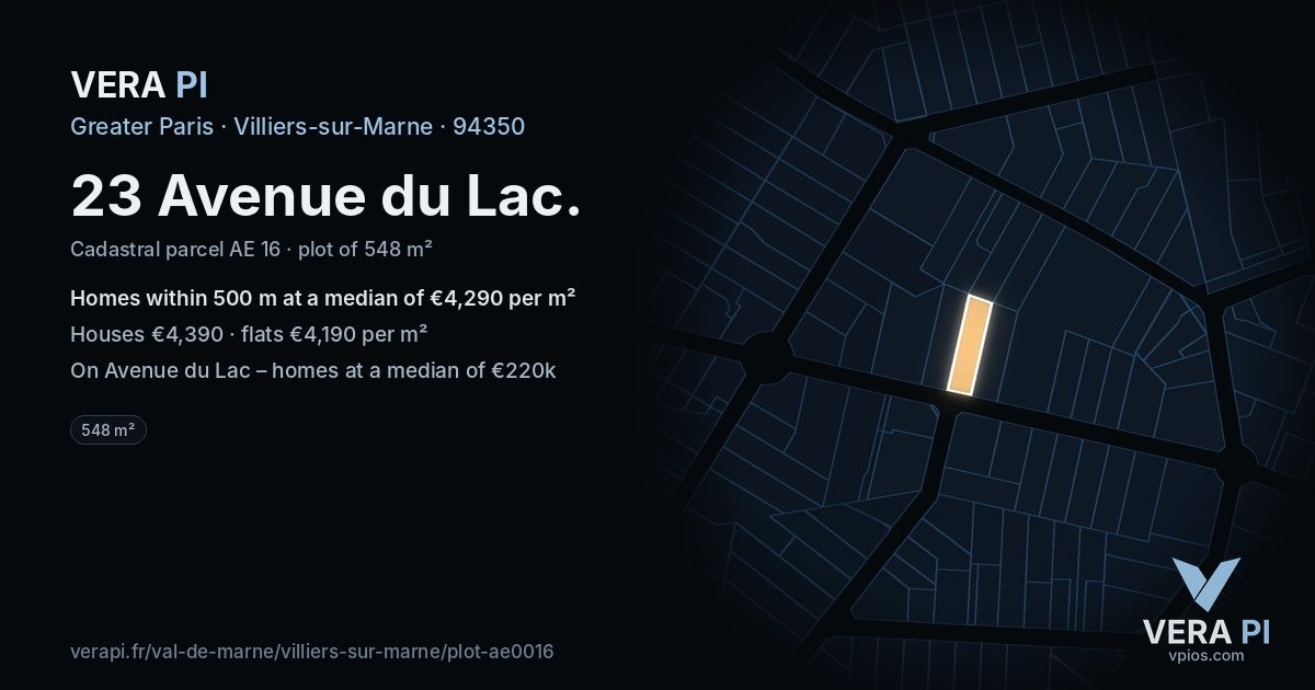 23 Avenue du Lac, Villiers-sur-Marne at night – the plot lit, the parcels around coloured by the prices near them