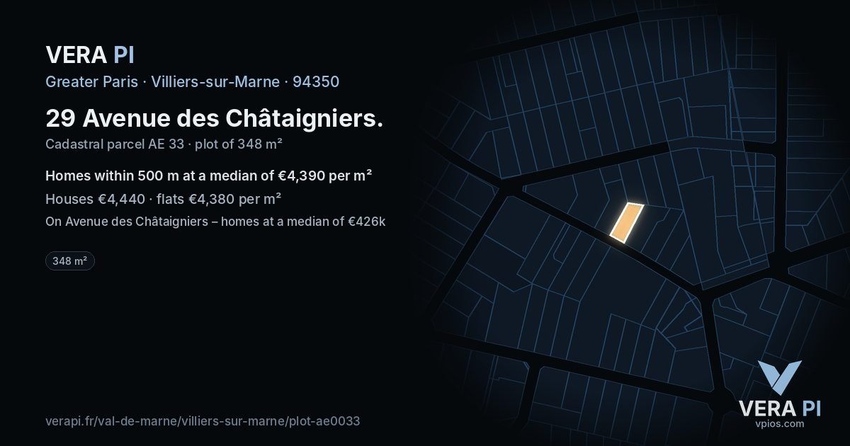 29 Avenue des Châtaigniers, Villiers-sur-Marne at night – the plot lit, the parcels around coloured by the prices near them