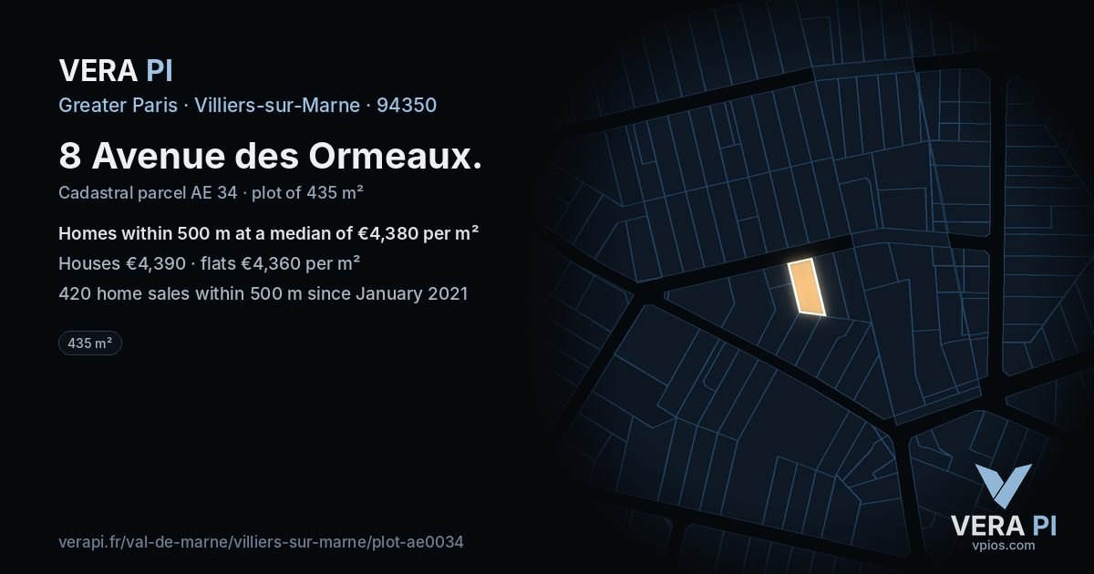 8 Avenue des Ormeaux, Villiers-sur-Marne at night – the plot lit, the parcels around coloured by the prices near them