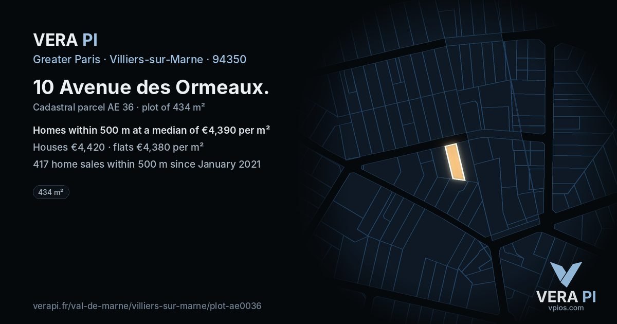 10 Avenue des Ormeaux, Villiers-sur-Marne at night – the plot lit, the parcels around coloured by the prices near them