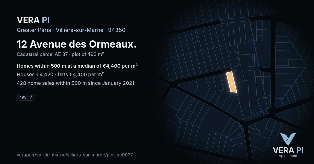 12 Avenue des Ormeaux, Villiers-sur-Marne at night – the plot lit, the parcels around coloured by the prices near them