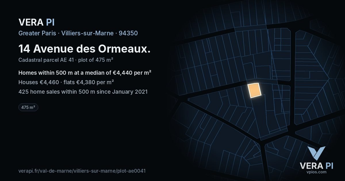 14 Avenue des Ormeaux, Villiers-sur-Marne at night – the plot lit, the parcels around coloured by the prices near them