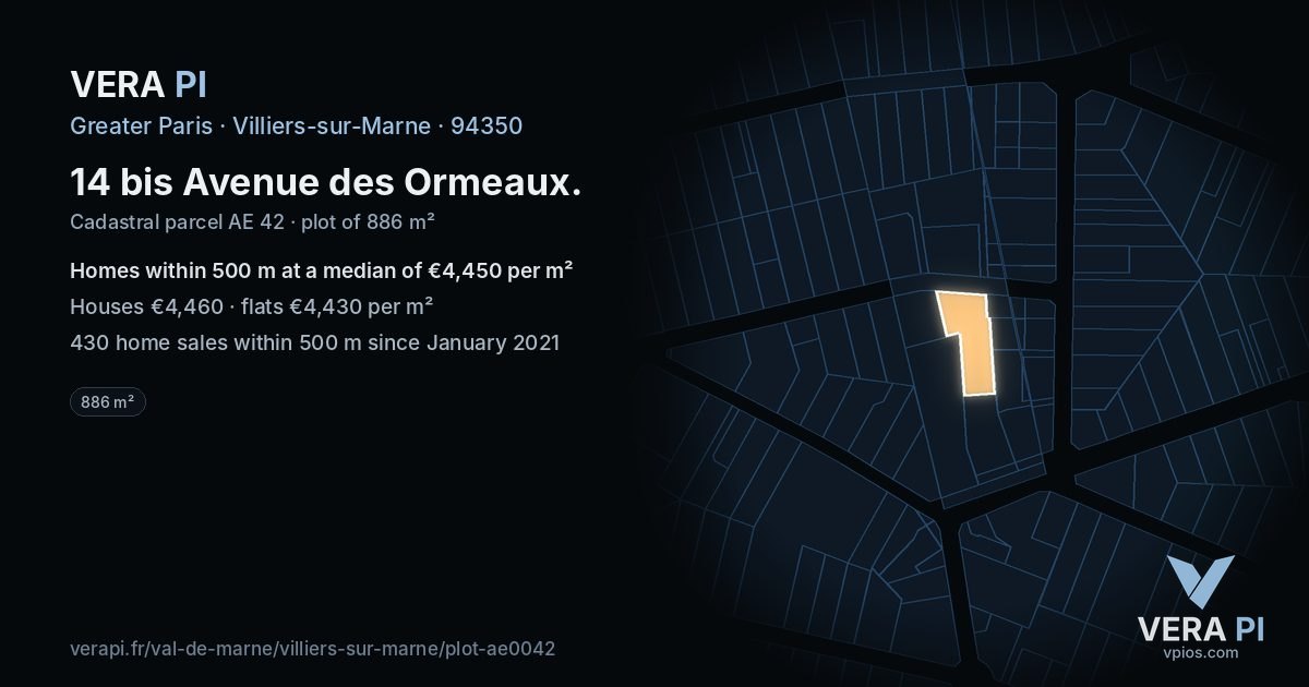 14 bis Avenue des Ormeaux, Villiers-sur-Marne at night – the plot lit, the parcels around coloured by the prices near them