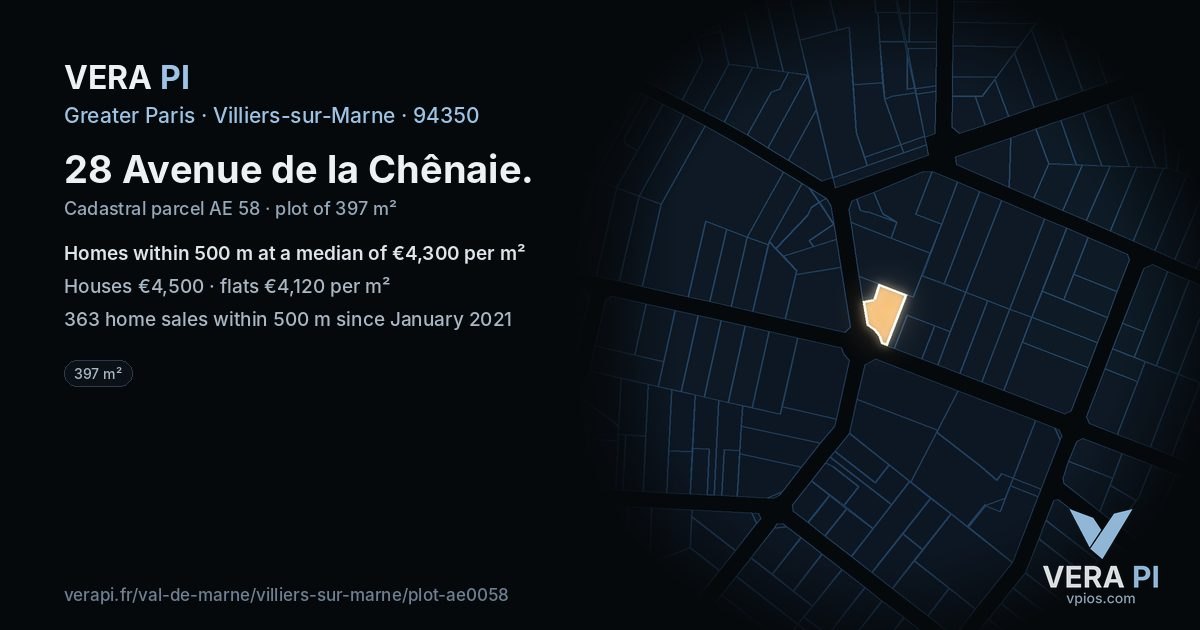 28 Avenue de la Chênaie, Villiers-sur-Marne at night – the plot lit, the parcels around coloured by the prices near them