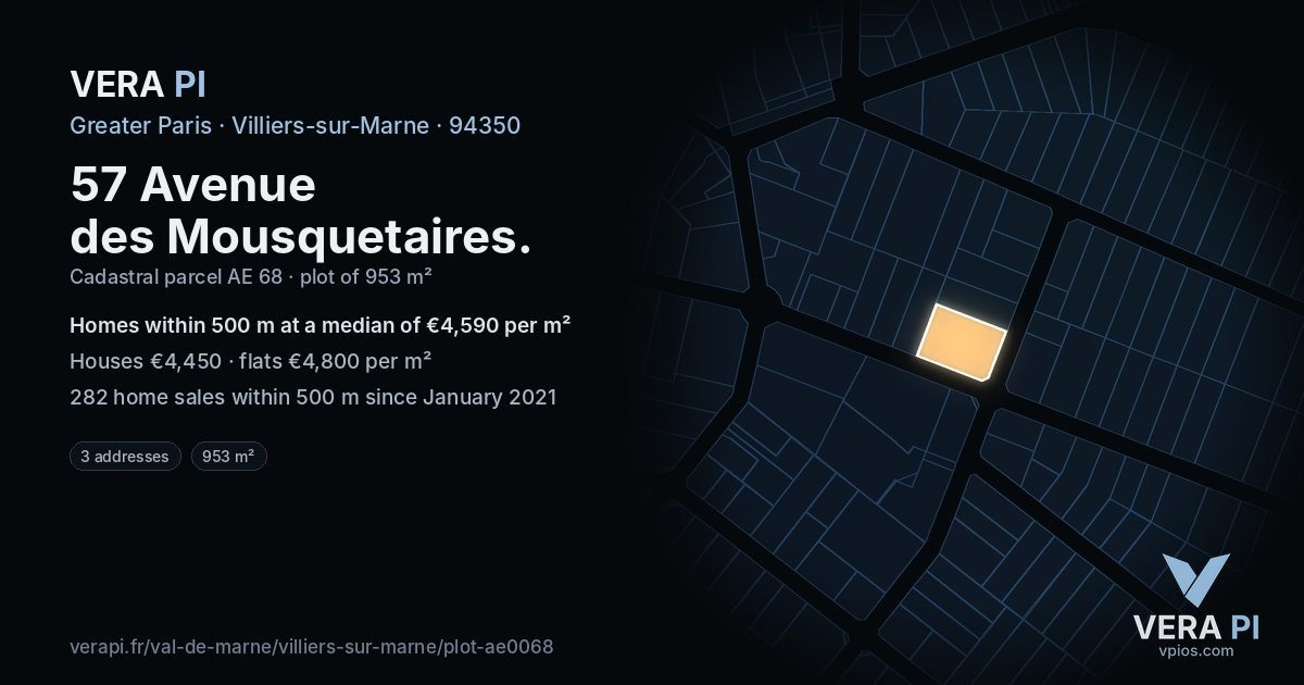 57 Avenue des Mousquetaires, Villiers-sur-Marne at night – the plot lit, the parcels around coloured by the prices near them