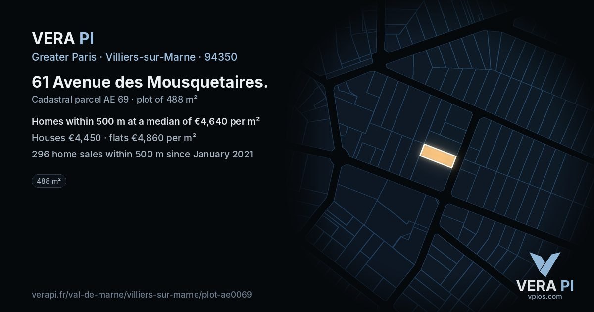 61 Avenue des Mousquetaires, Villiers-sur-Marne at night – the plot lit, the parcels around coloured by the prices near them