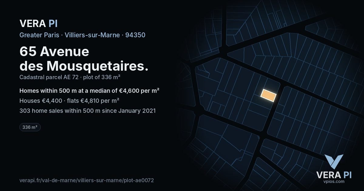 65 Avenue des Mousquetaires, Villiers-sur-Marne at night – the plot lit, the parcels around coloured by the prices near them