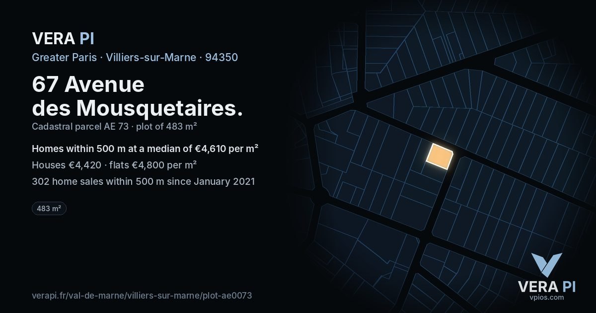 67 Avenue des Mousquetaires, Villiers-sur-Marne at night – the plot lit, the parcels around coloured by the prices near them