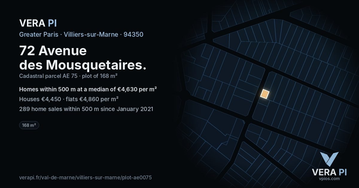 72 Avenue des Mousquetaires, Villiers-sur-Marne at night – the plot lit, the parcels around coloured by the prices near them
