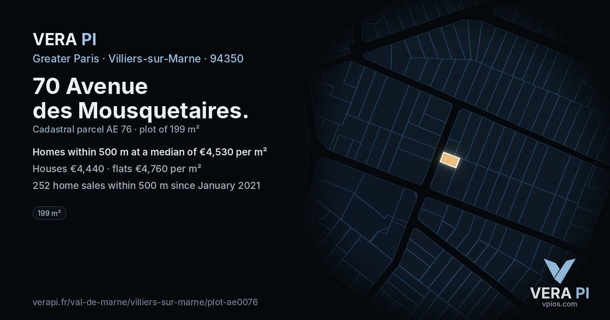 70 Avenue des Mousquetaires, Villiers-sur-Marne at night – the plot lit, the parcels around coloured by the prices near them
