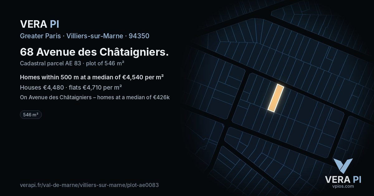 68 Avenue des Châtaigniers, Villiers-sur-Marne at night – the plot lit, the parcels around coloured by the prices near them