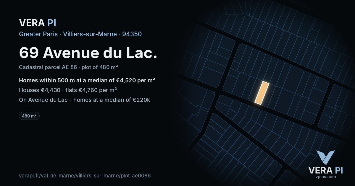 69 Avenue du Lac, Villiers-sur-Marne at night – the plot lit, the parcels around coloured by the prices near them