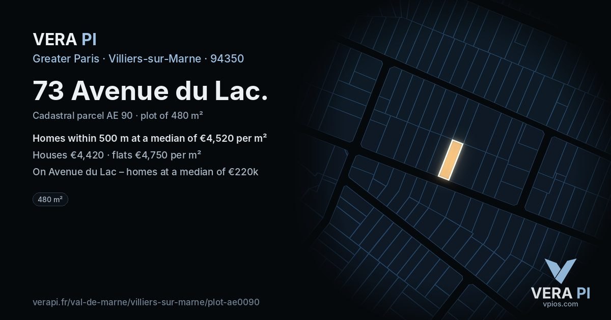 73 Avenue du Lac, Villiers-sur-Marne at night – the plot lit, the parcels around coloured by the prices near them