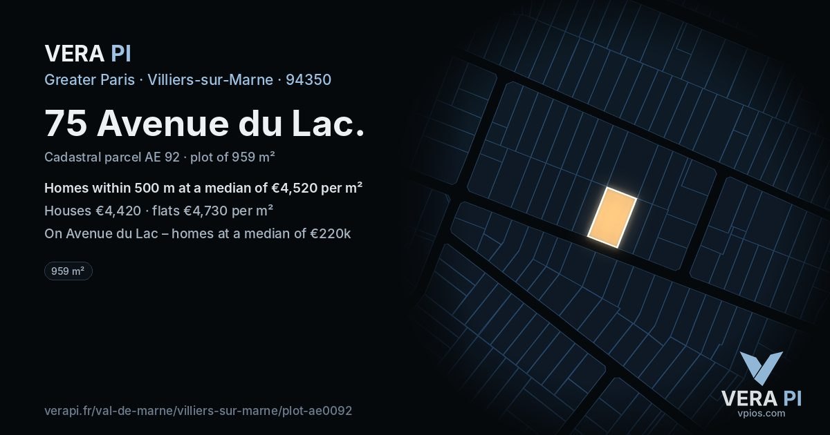 75 Avenue du Lac, Villiers-sur-Marne at night – the plot lit, the parcels around coloured by the prices near them