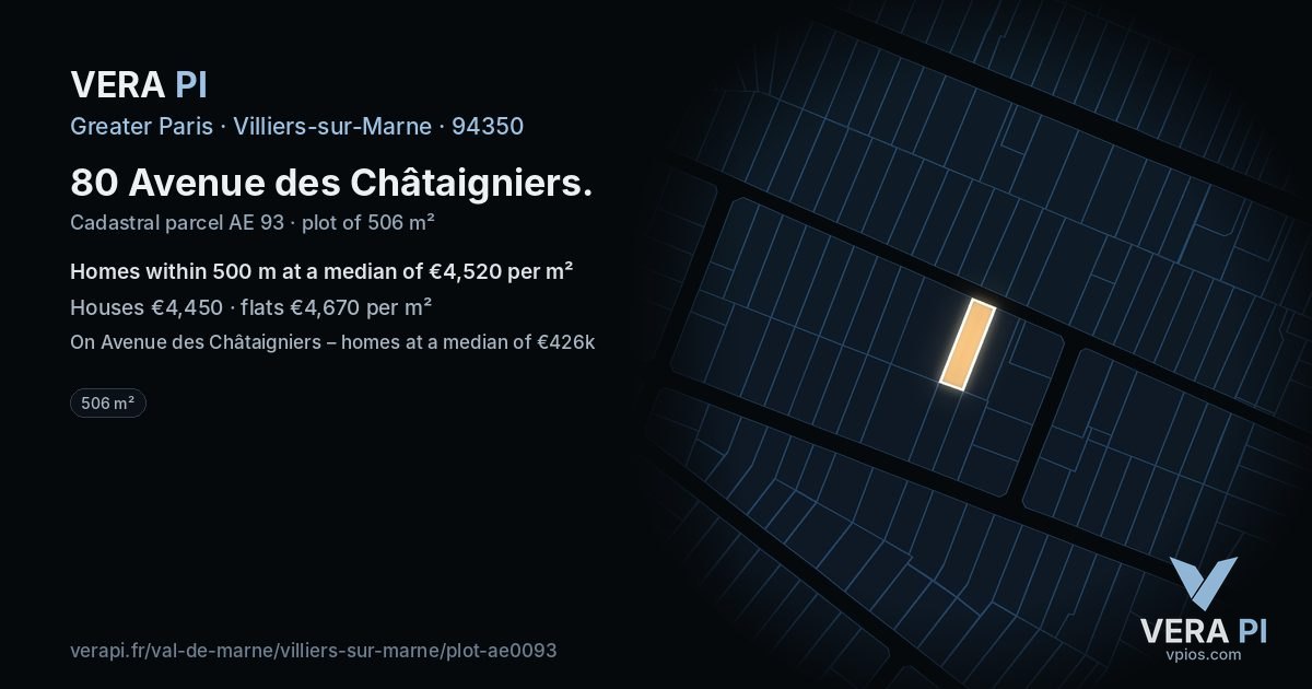80 Avenue des Châtaigniers, Villiers-sur-Marne at night – the plot lit, the parcels around coloured by the prices near them