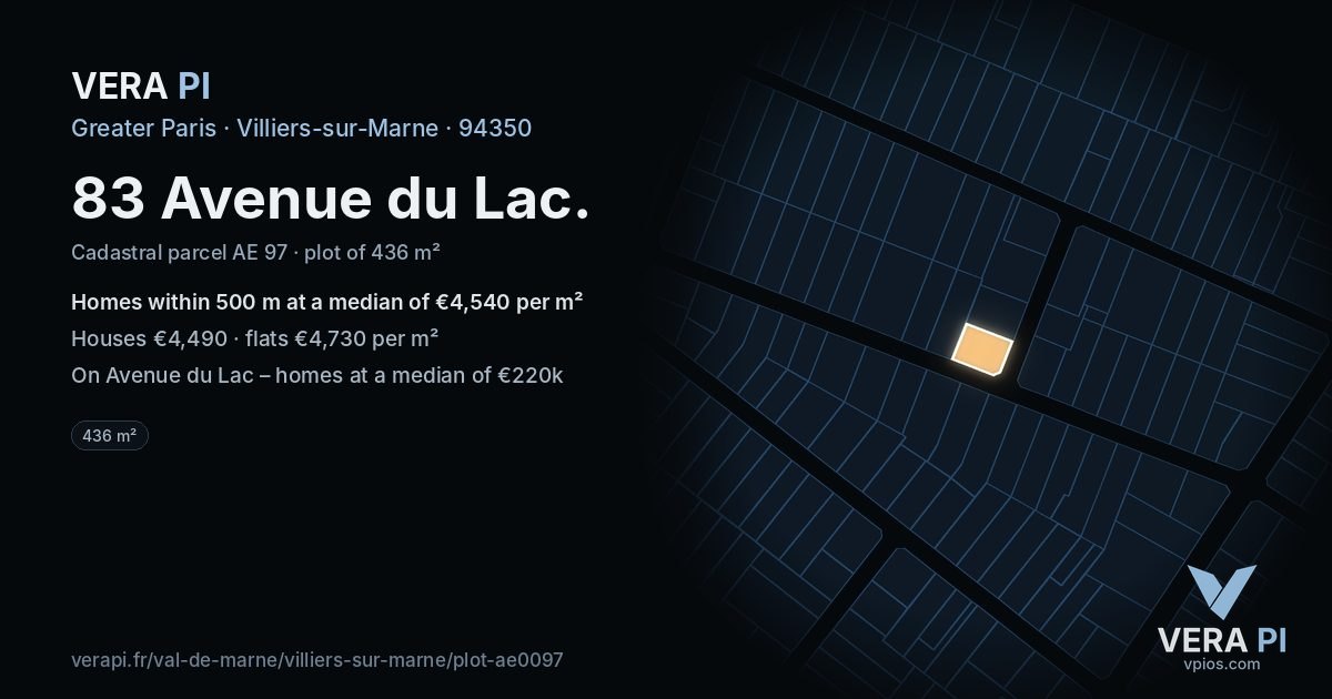 83 Avenue du Lac, Villiers-sur-Marne at night – the plot lit, the parcels around coloured by the prices near them