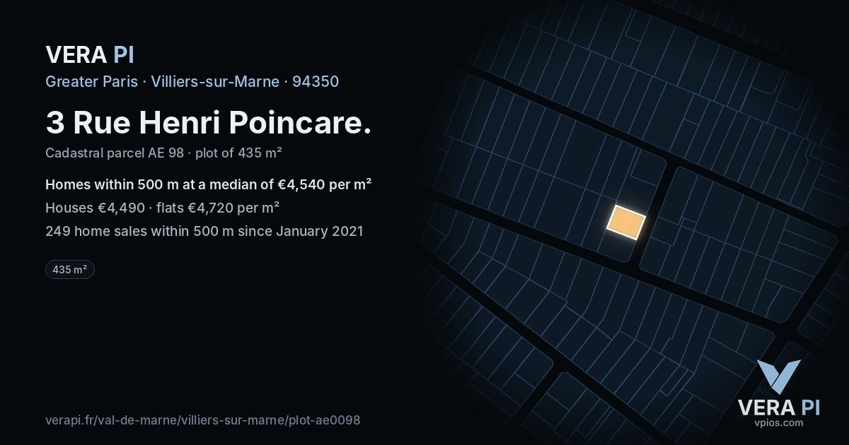 3 Rue Henri Poincare, Villiers-sur-Marne at night – the plot lit, the parcels around coloured by the prices near them