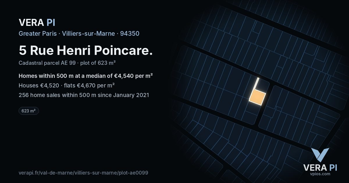 5 Rue Henri Poincare, Villiers-sur-Marne at night – the plot lit, the parcels around coloured by the prices near them