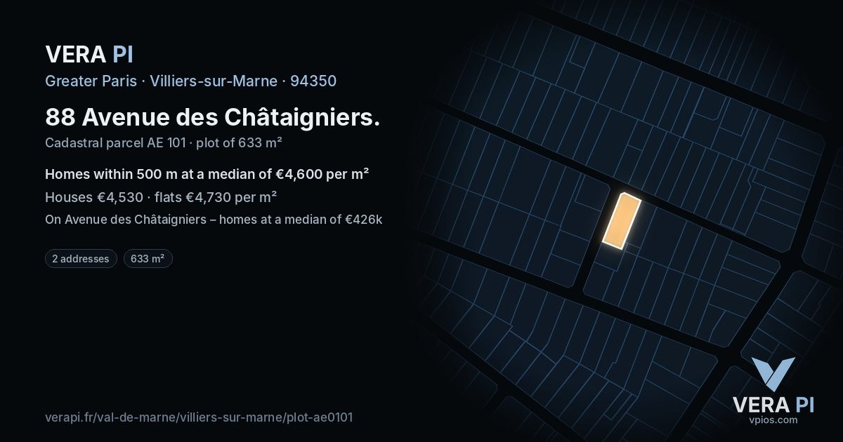 88 Avenue des Châtaigniers, Villiers-sur-Marne at night – the plot lit, the parcels around coloured by the prices near them