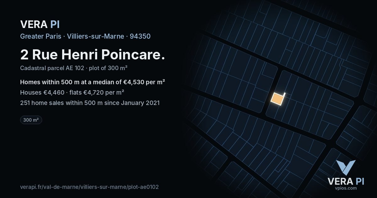2 Rue Henri Poincare, Villiers-sur-Marne at night – the plot lit, the parcels around coloured by the prices near them