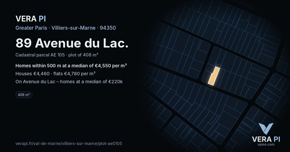 89 Avenue du Lac, Villiers-sur-Marne at night – the plot lit, the parcels around coloured by the prices near them