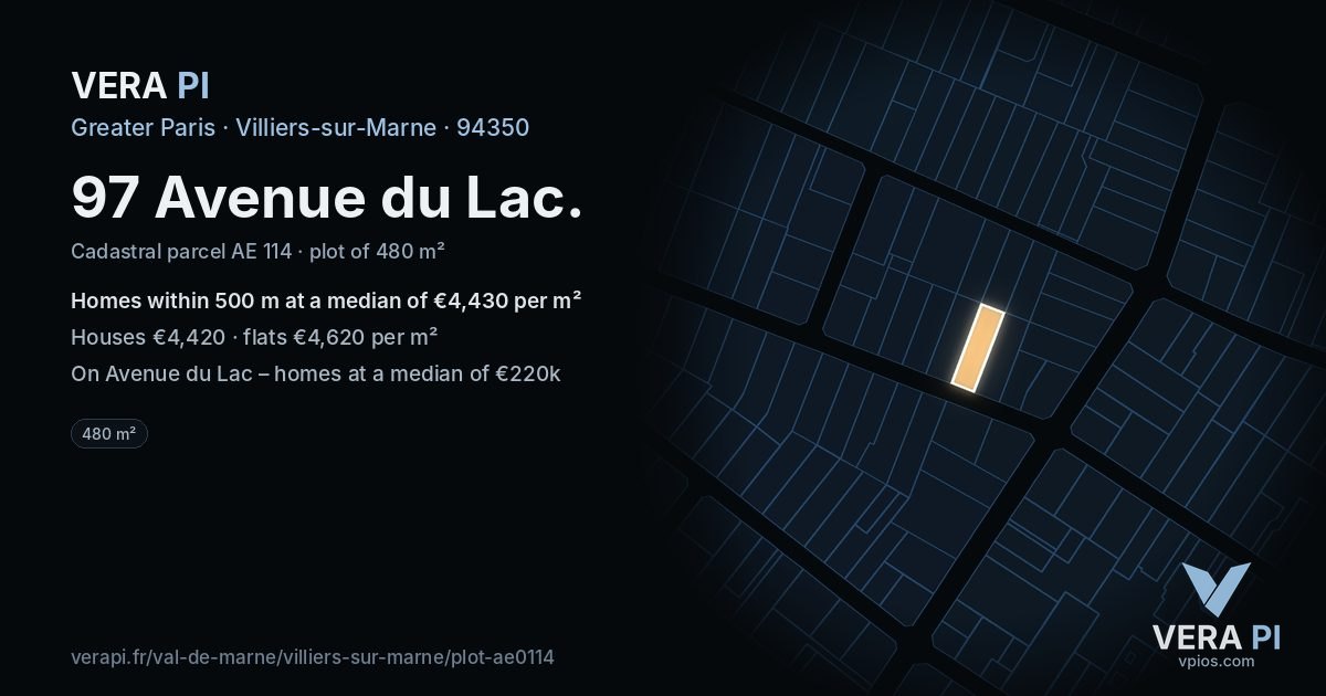 97 Avenue du Lac, Villiers-sur-Marne at night – the plot lit, the parcels around coloured by the prices near them