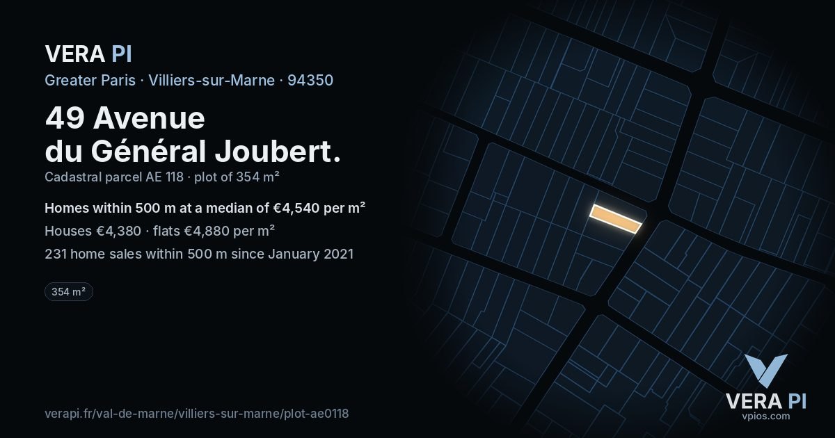 49 Avenue du Général Joubert, Villiers-sur-Marne at night – the plot lit, the parcels around coloured by the prices near them