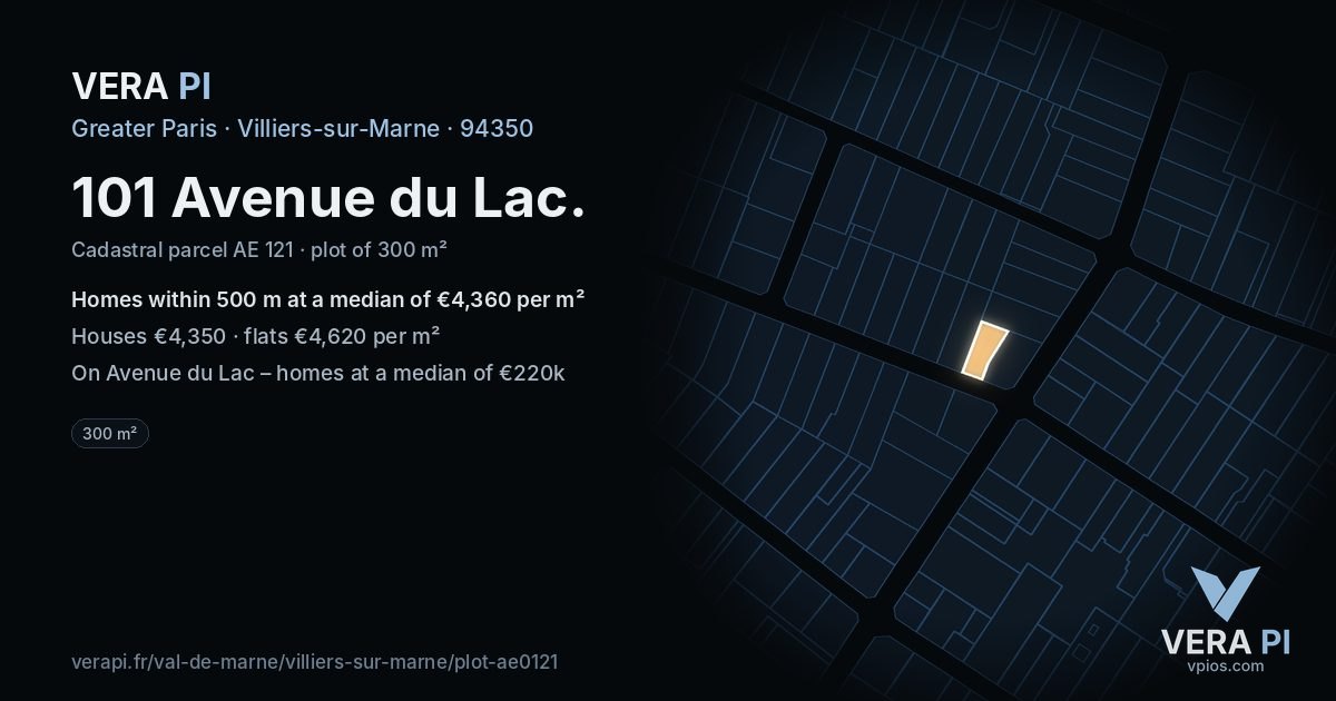 101 Avenue du Lac, Villiers-sur-Marne at night – the plot lit, the parcels around coloured by the prices near them