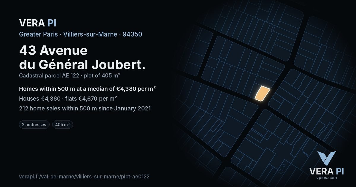 43 Avenue du Général Joubert, Villiers-sur-Marne at night – the plot lit, the parcels around coloured by the prices near them