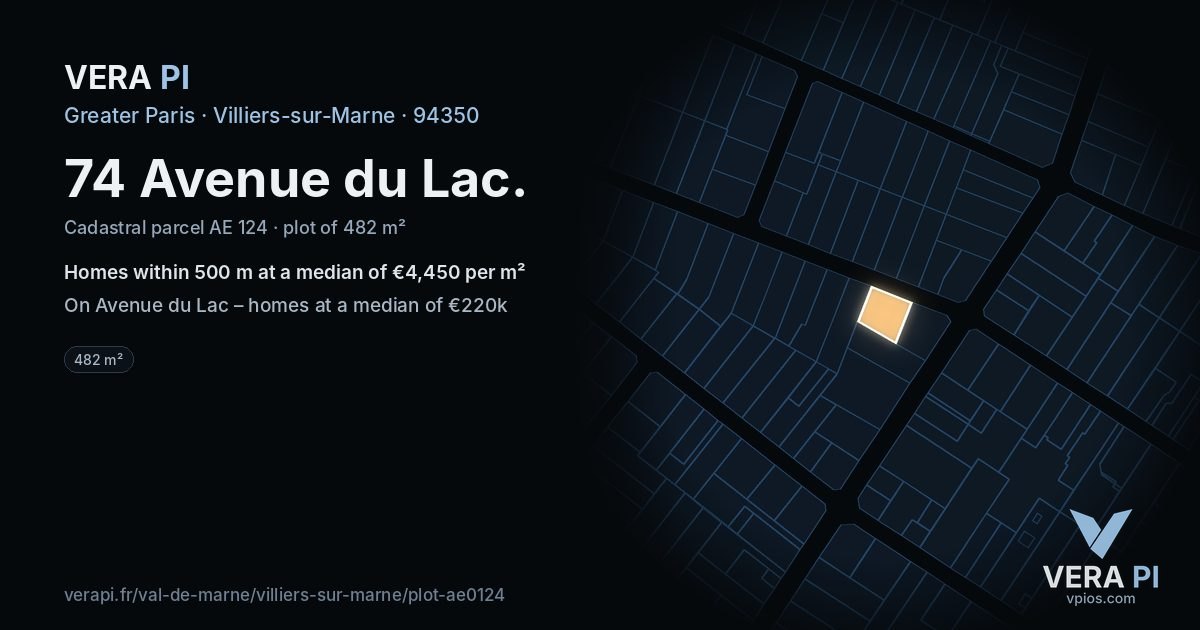 74 Avenue du Lac, Villiers-sur-Marne at night – the plot lit, the parcels around coloured by the prices near them