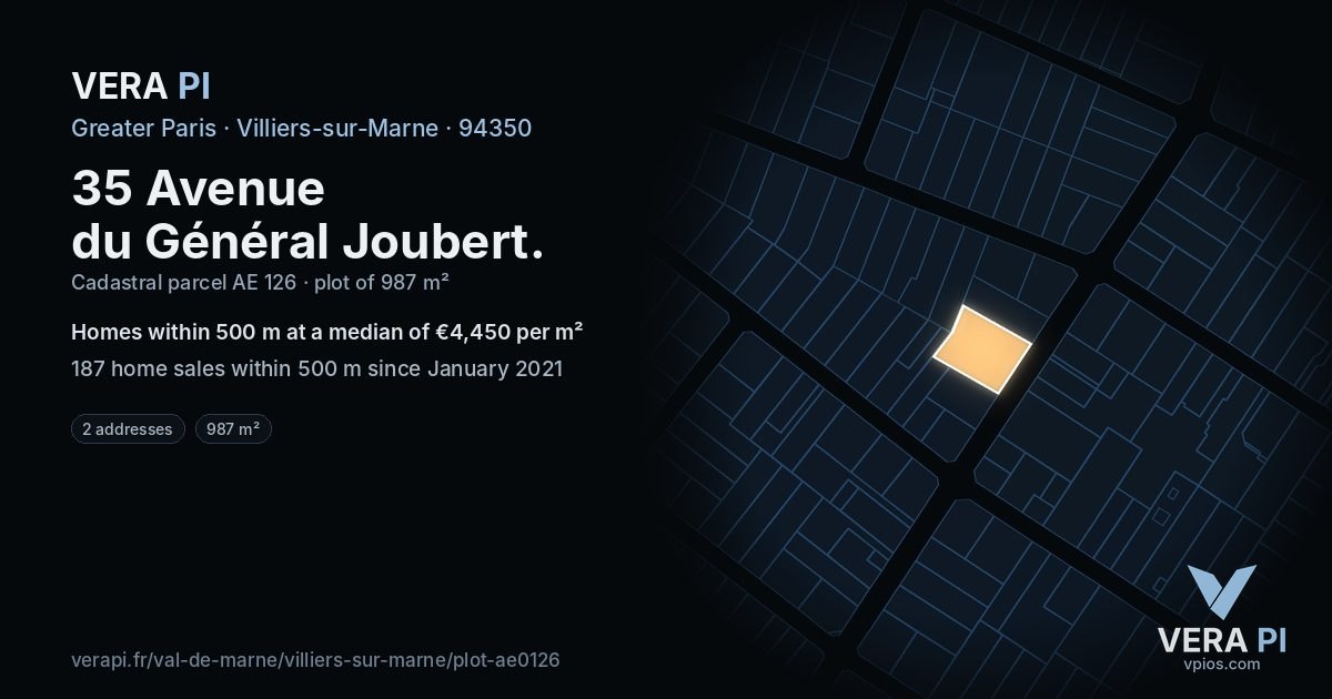 35 Avenue du Général Joubert, Villiers-sur-Marne at night – the plot lit, the parcels around coloured by the prices near them