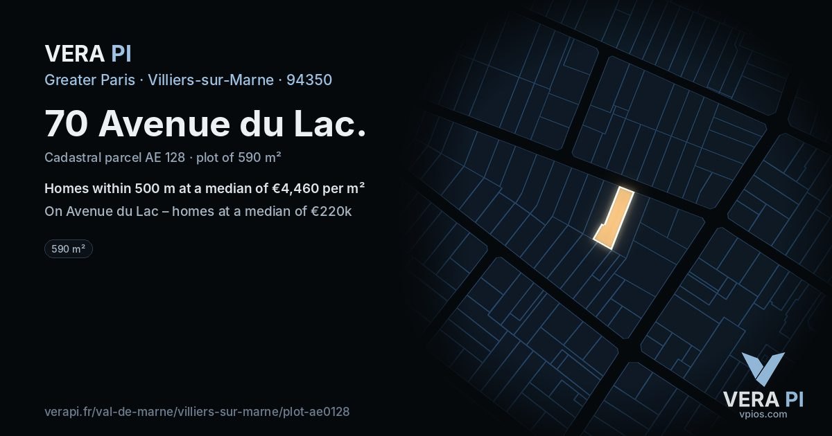 70 Avenue du Lac, Villiers-sur-Marne at night – the plot lit, the parcels around coloured by the prices near them