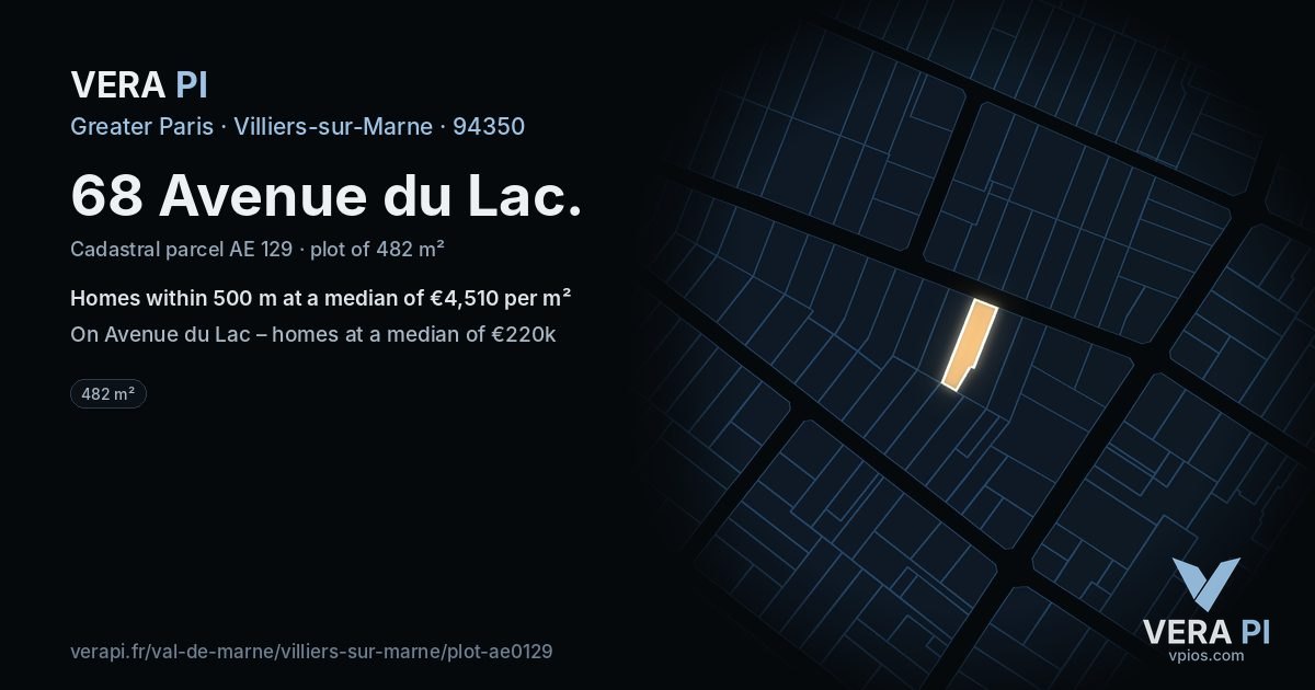 68 Avenue du Lac, Villiers-sur-Marne at night – the plot lit, the parcels around coloured by the prices near them