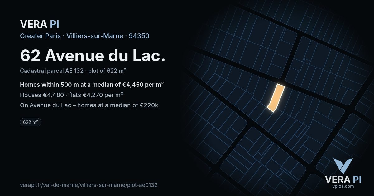 62 Avenue du Lac, Villiers-sur-Marne at night – the plot lit, the parcels around coloured by the prices near them