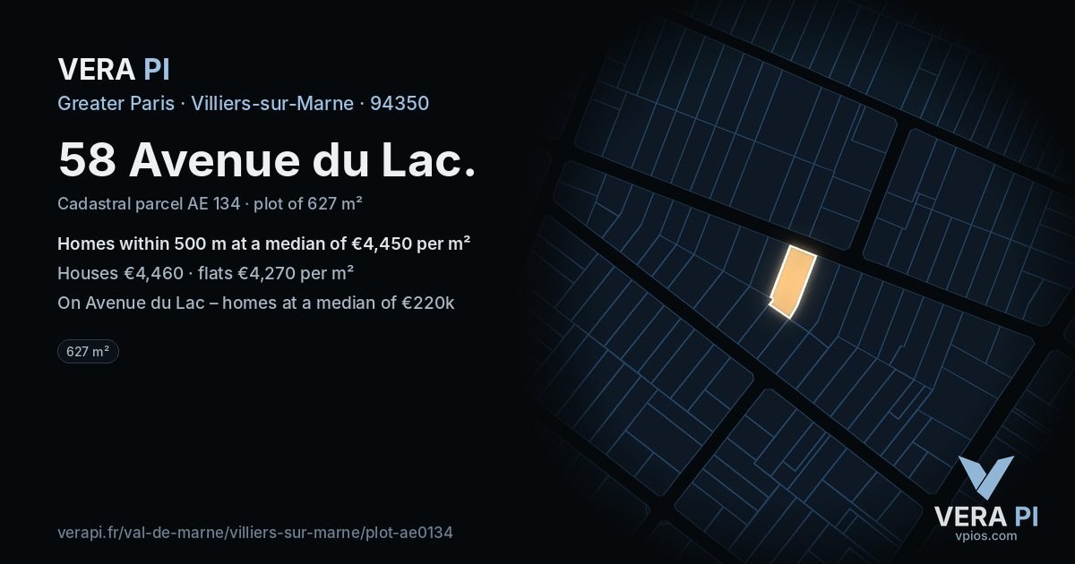 58 Avenue du Lac, Villiers-sur-Marne at night – the plot lit, the parcels around coloured by the prices near them