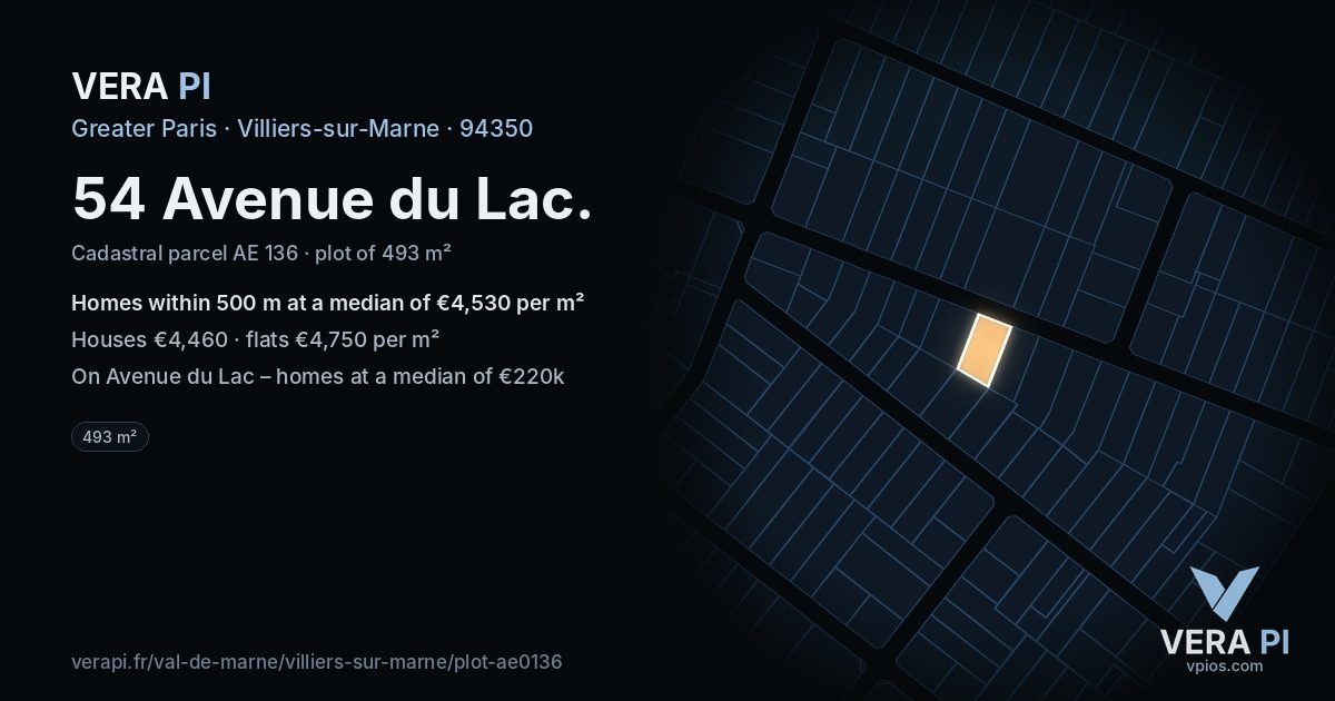 54 Avenue du Lac, Villiers-sur-Marne at night – the plot lit, the parcels around coloured by the prices near them