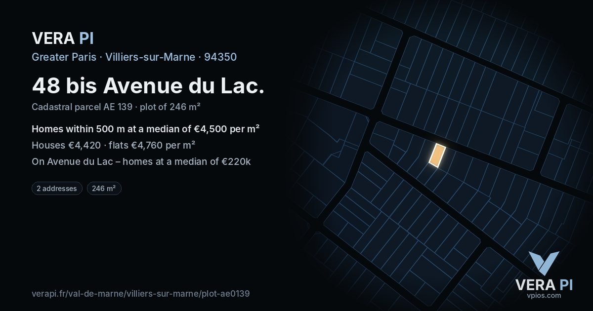 48 bis Avenue du Lac, Villiers-sur-Marne at night – the plot lit, the parcels around coloured by the prices near them
